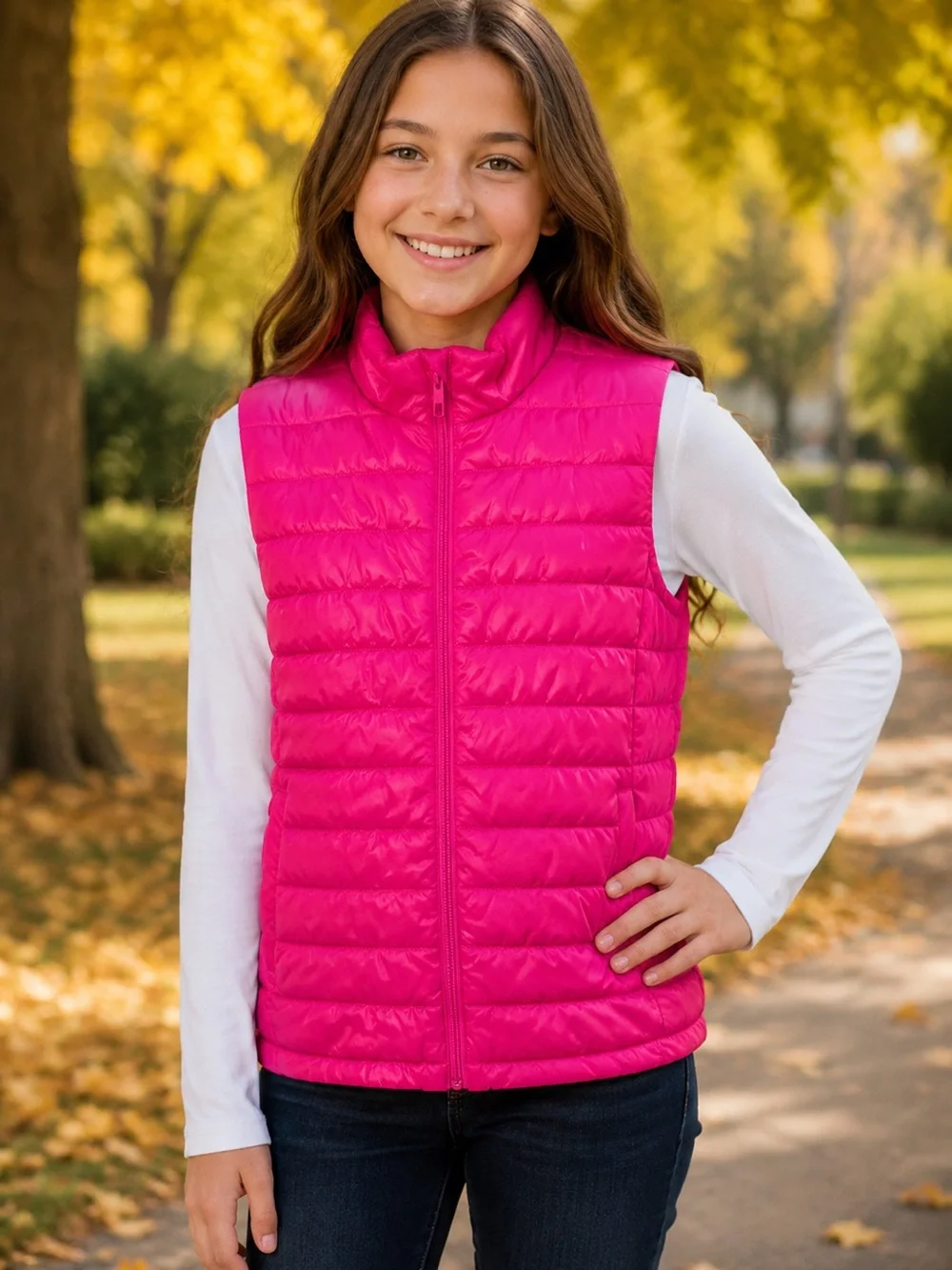 H&M Sport Girls 10-12Y Hot Pink Quilted Puffer Vest Full Zip Lightweight